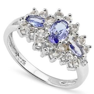 Ring 1.03 Ct One Oval Cut & Two Marquise Cut Sparkling Egyptian Blue Tanzanite